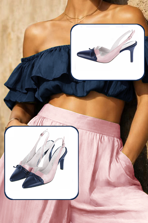 Women's navy blue and light pink elegant slingback heels, with a bow on the front. Tapered toe. High slim heel - Worn view